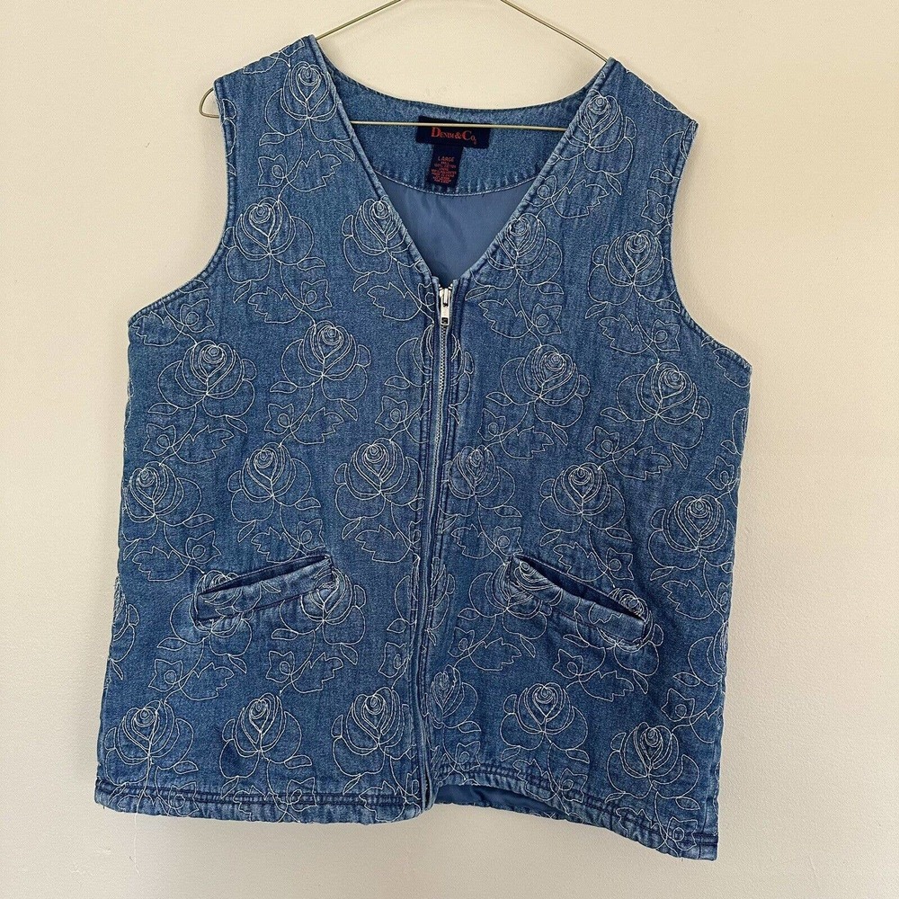 Denim Embroidered Vintage Vest Roses Size 1X Blue